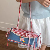 Kawaii Sweet Contrast Color Plaid Handbags Vintage Patchwork Denim Underarm Bag Y2k Aesthetic Luxury Design Shoulder Bags